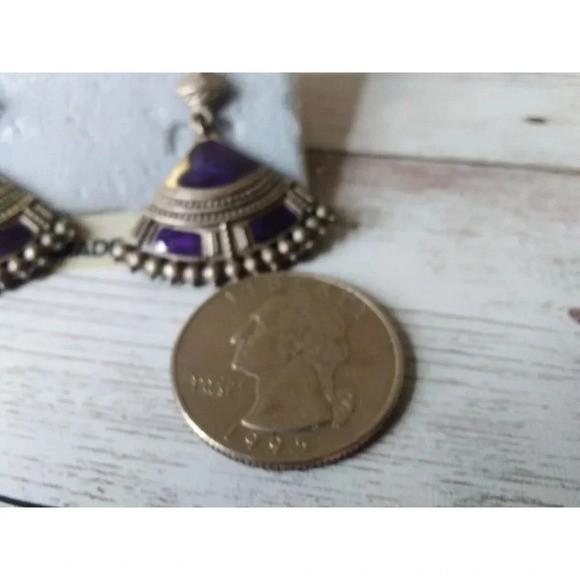 Authentic Vintage 1980s Dark Silver & Blue Enamel Fan Dangle Earrings - Picture 3 of 4